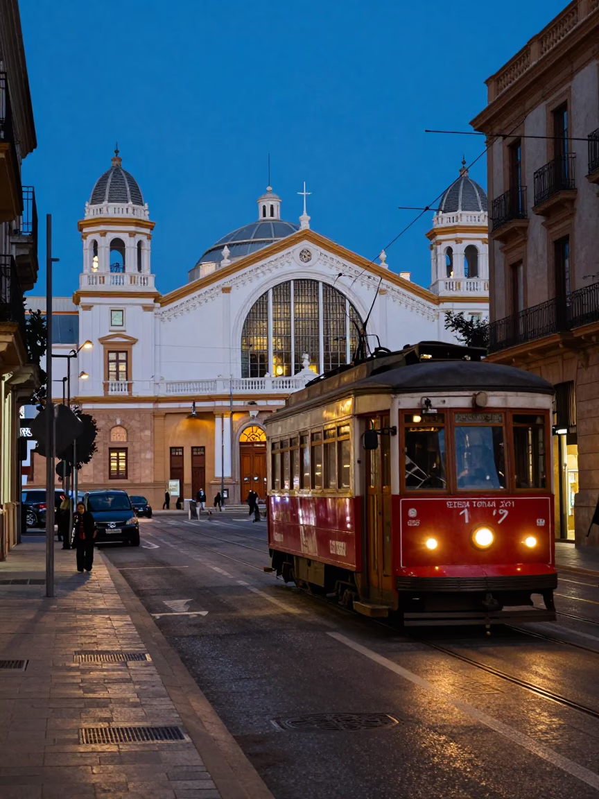 Predawn Valencia Street Scene with Vintage Tram and Early Morning Light in in Valencia, Spain