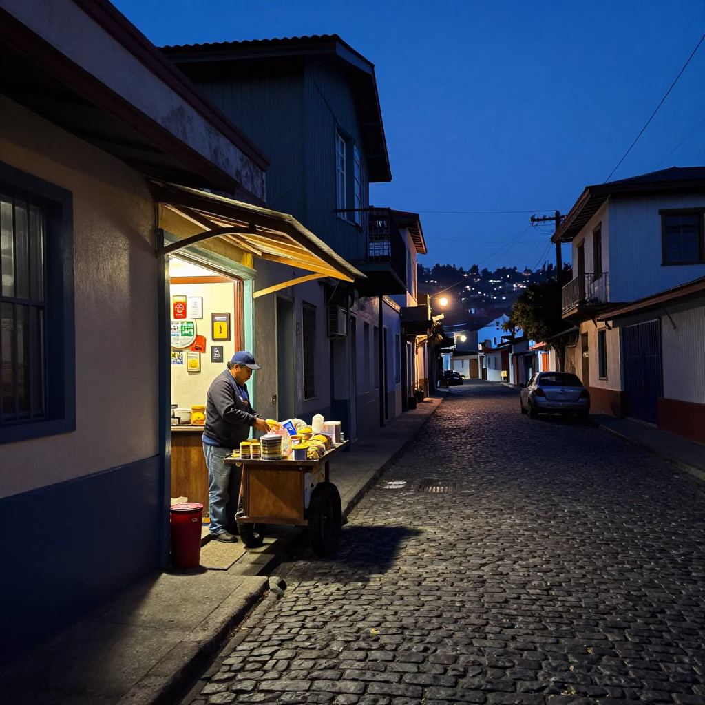 Predawn Valparaiso Chile Street Scene with Biscuit Tin and Local Interaction in in Valparaiso, Chile