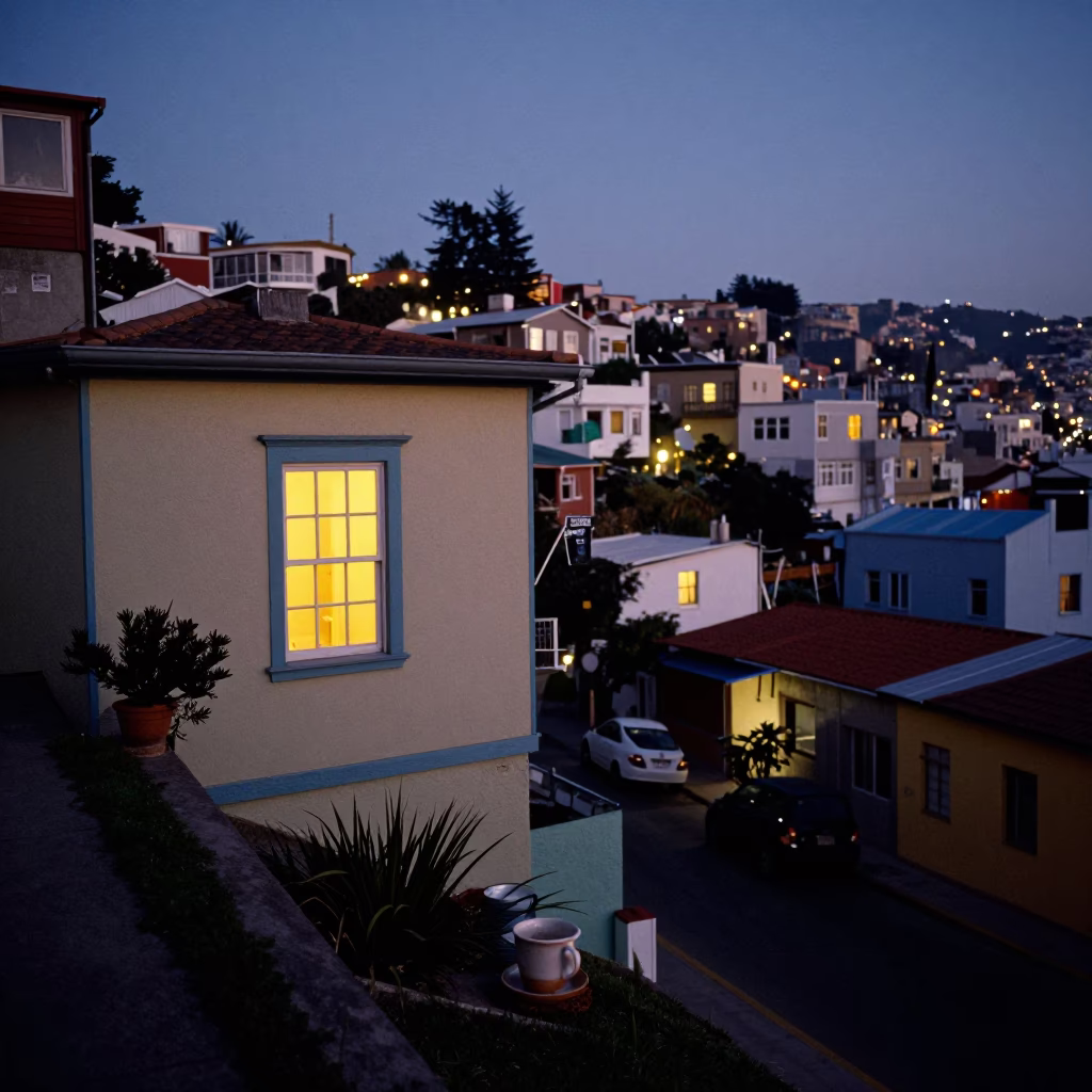 Predawn Valparaiso Chile Street Scene with Houseplants and Ceramic Cup in in Valparaiso, Chile