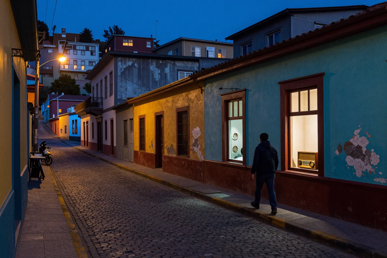 Predawn Valparaiso Chile street scene with vintage radio and commuter train in in Valparaiso, Chile