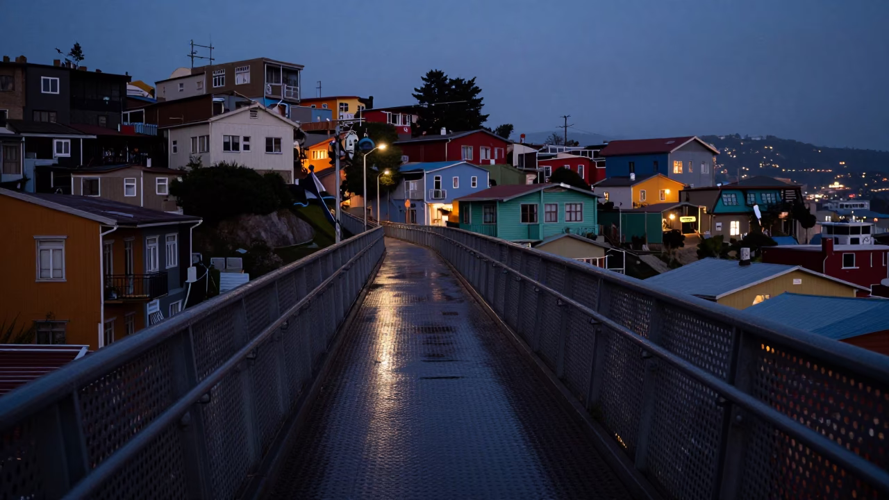 Predawn Valparaiso Pedestrian Overpass Wet Footsteps Hinge Detail in in Valparaiso, Chile