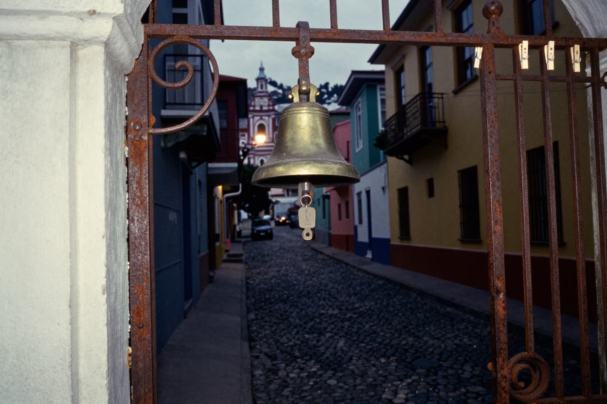 Predawn Valparaiso Street Scene with Bell and Laundry Pins in Chile in in Valparaiso, Chile