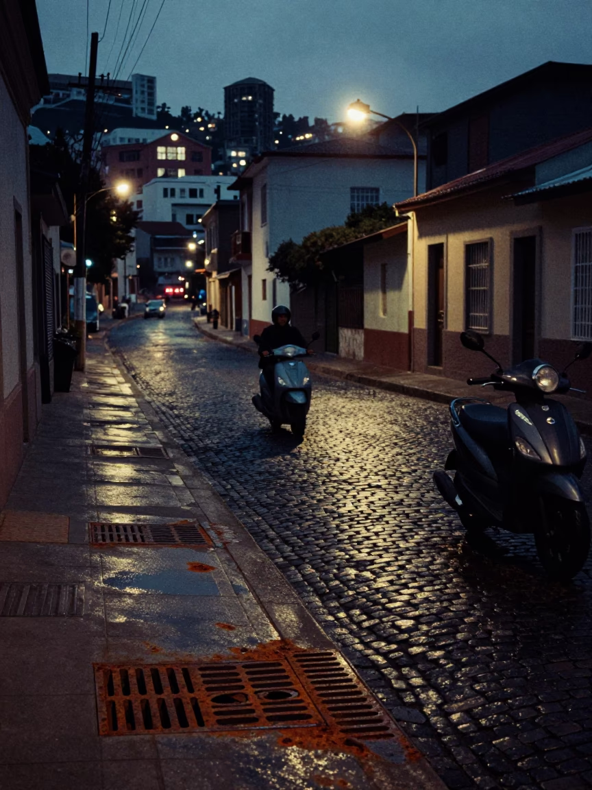 Predawn Valparaiso Street Scene with Rusty Drain and Scooter in Chile in in Valparaiso, Chile