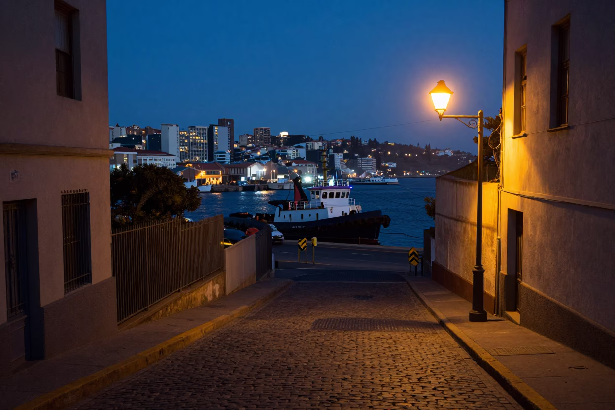 Predawn Valparaiso Street Scene with Tugboat in Harbor and Local Architecture in in Valparaiso, Chile