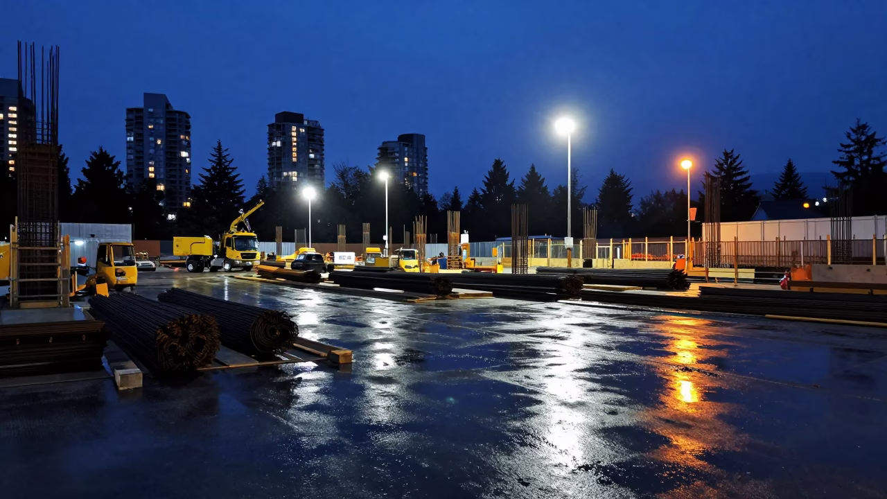 Predawn Vancouver Construction Site with Rebar Bundles and Electric Kettle Steam in in Vancouver, British Columbia, Canada
