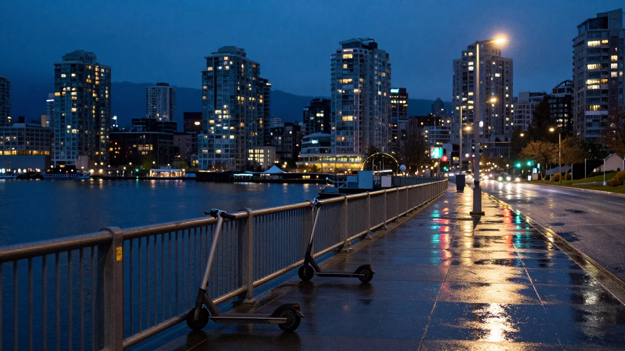 Predawn Vancouver Harbor Promenade Scooter and Rainy Street Lights in in Vancouver, British Columbia, Canada