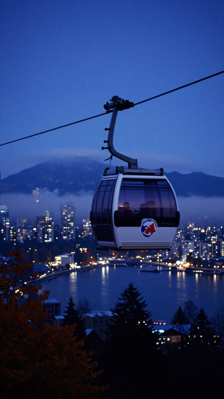 Predawn Vancouver SkyTrain Gondola Lift Ascending Through Autumn Mist in British Columbia Canada in in Vancouver, British Columbia, Canada