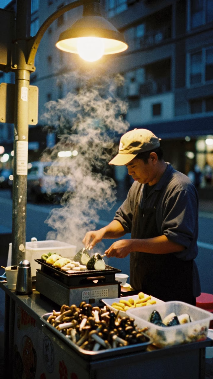 Predawn Vancouver Street Food Vendor Preparing Onigiri and Mushrooms in Rain in in Vancouver, British Columbia, Canada