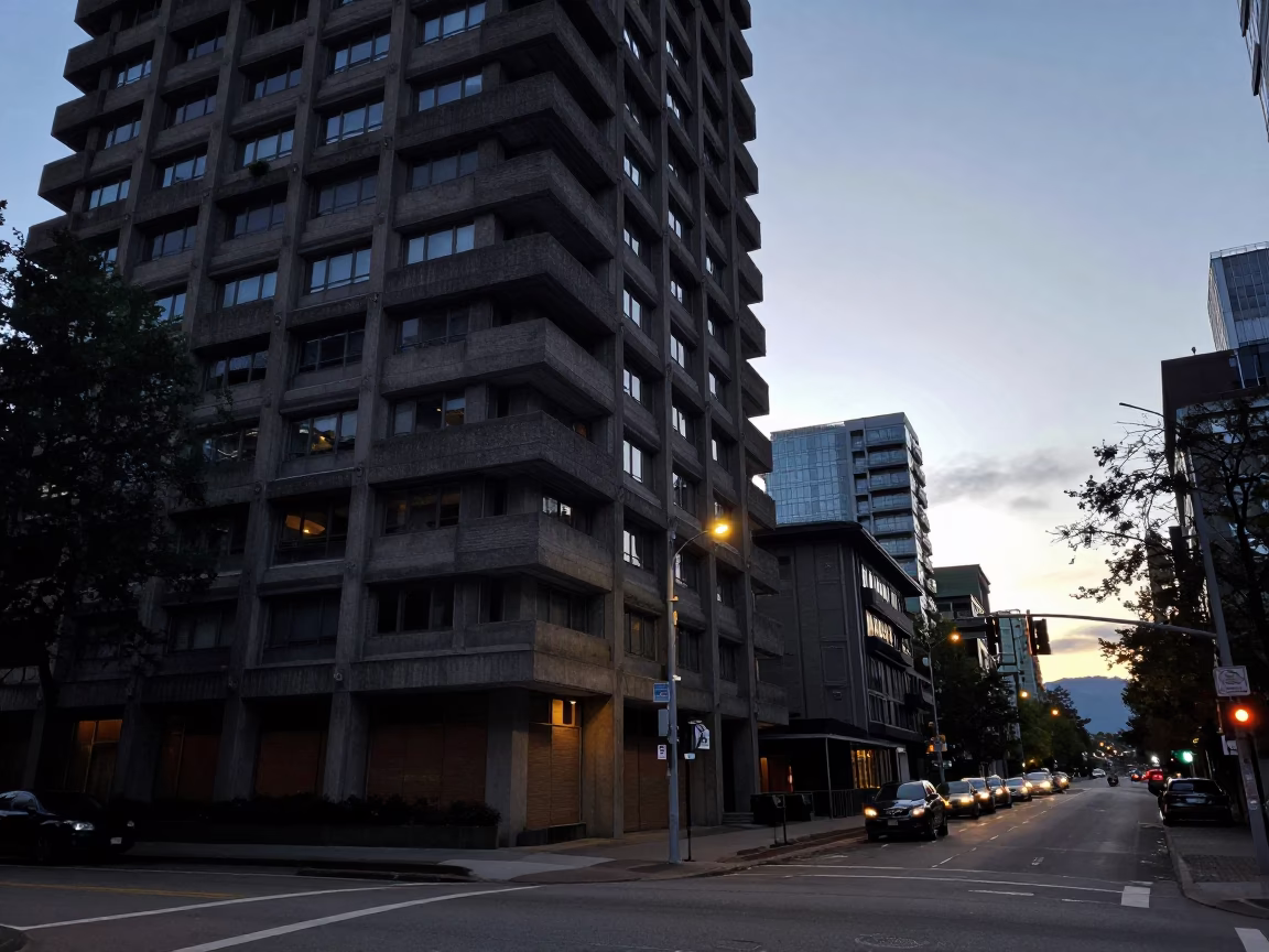 Predawn Vancouver Street Scene with Brutalist Concrete Architecture and Urban Stillness in in Vancouver, British Columbia, Canada