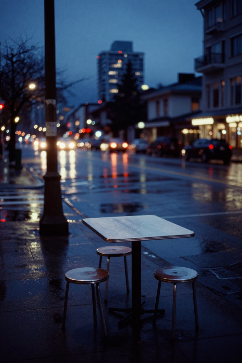 Predawn Vancouver Street Scene with Condensation on Tabletop and Harbor Markings in in Vancouver, British Columbia, Canada