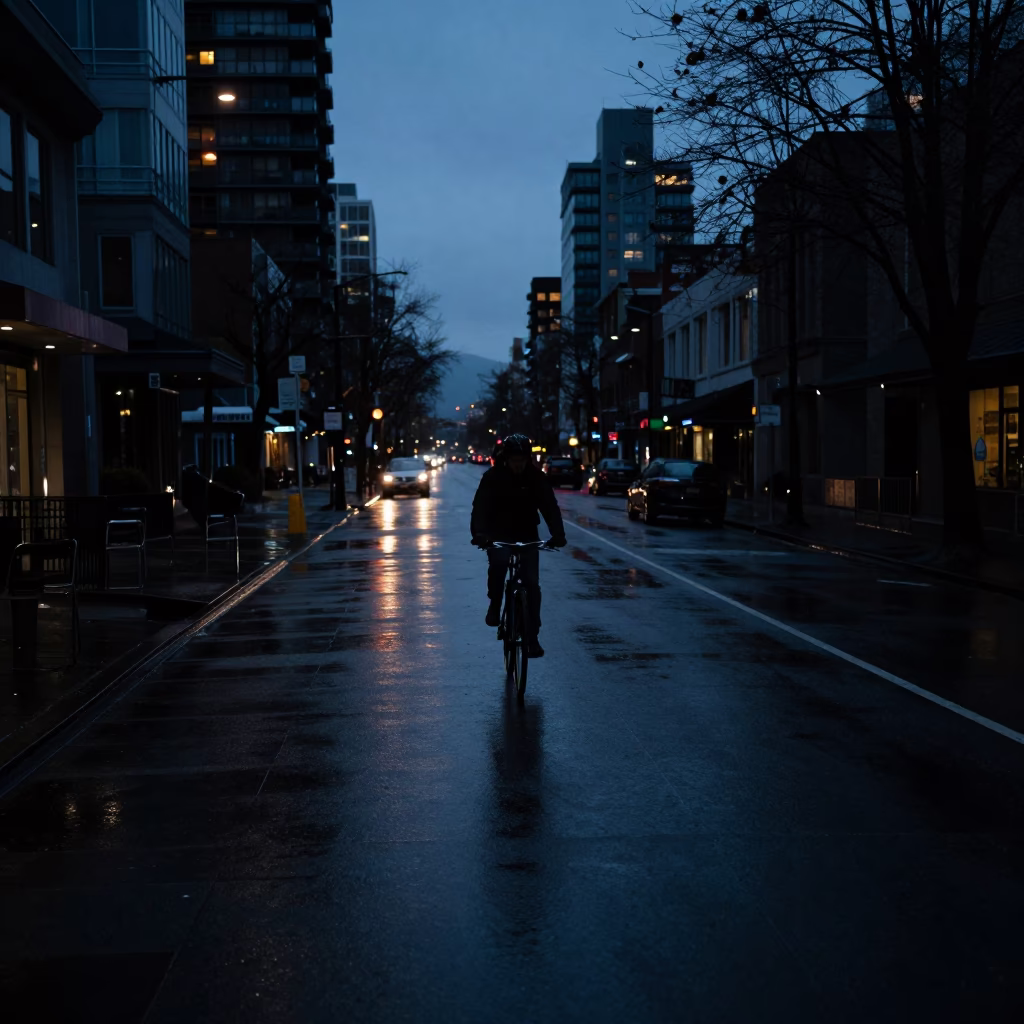 Predawn Vancouver Street Scene with Cyclist and Wet Pavement Reflections in in Vancouver, British Columbia, Canada