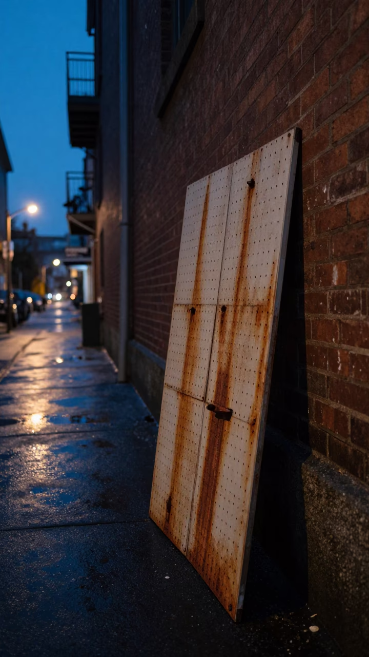 Predawn Vancouver Street Scene with Tool Pegboard and Rusty Chair in in Vancouver, British Columbia, Canada
