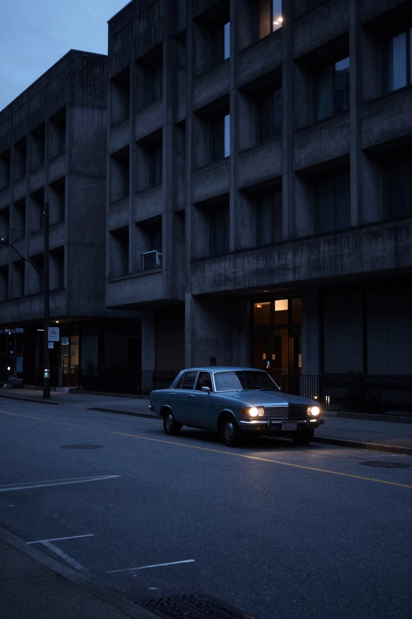 Predawn Vancouver Street Scene with Vintage Car and Concrete Brutalist Architecture in in Vancouver, British Columbia, Canada