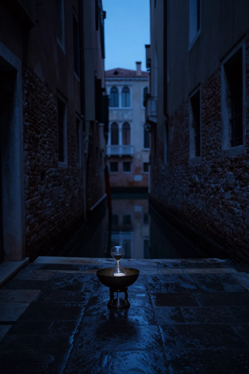 Predawn Venice Alleyway Key Bowl and Hourglass on Stone Ledge Near Canal in in Venice, Italy