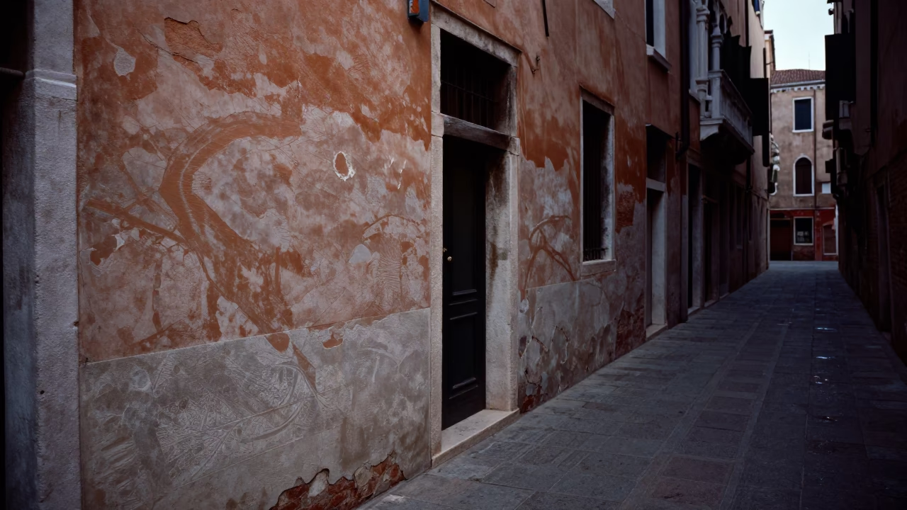 Predawn Venice Alleyway Water Marks on Painted Plaster and Wet Cobblestones in in Venice, Italy