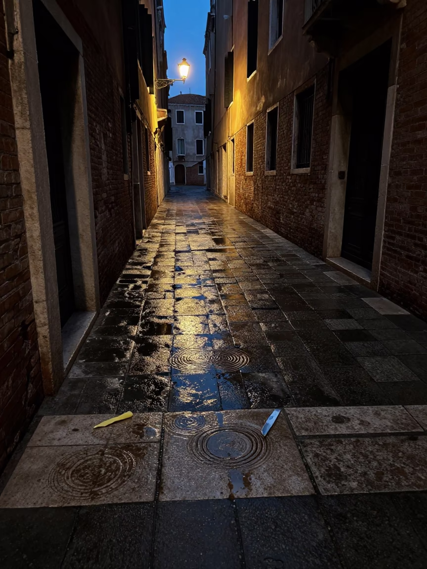 Predawn Venice Alleyway with Water Rings and Butter Knife Near Stained Tile in in Venice, Italy