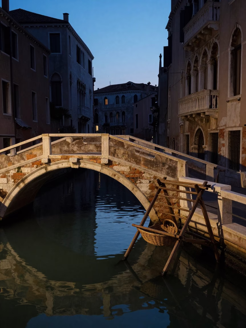Predawn Venice Canal Bridge with Drying Rack and Basket in in Venice, Italy