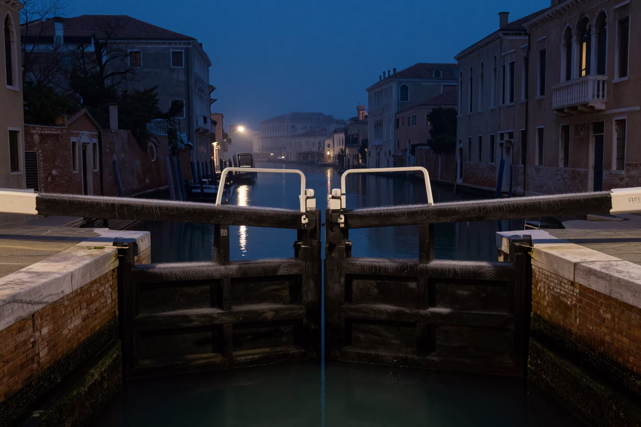 Predawn Venice Canal Lock with Condensation on Wooden Gates and Vine in in Venice, Italy