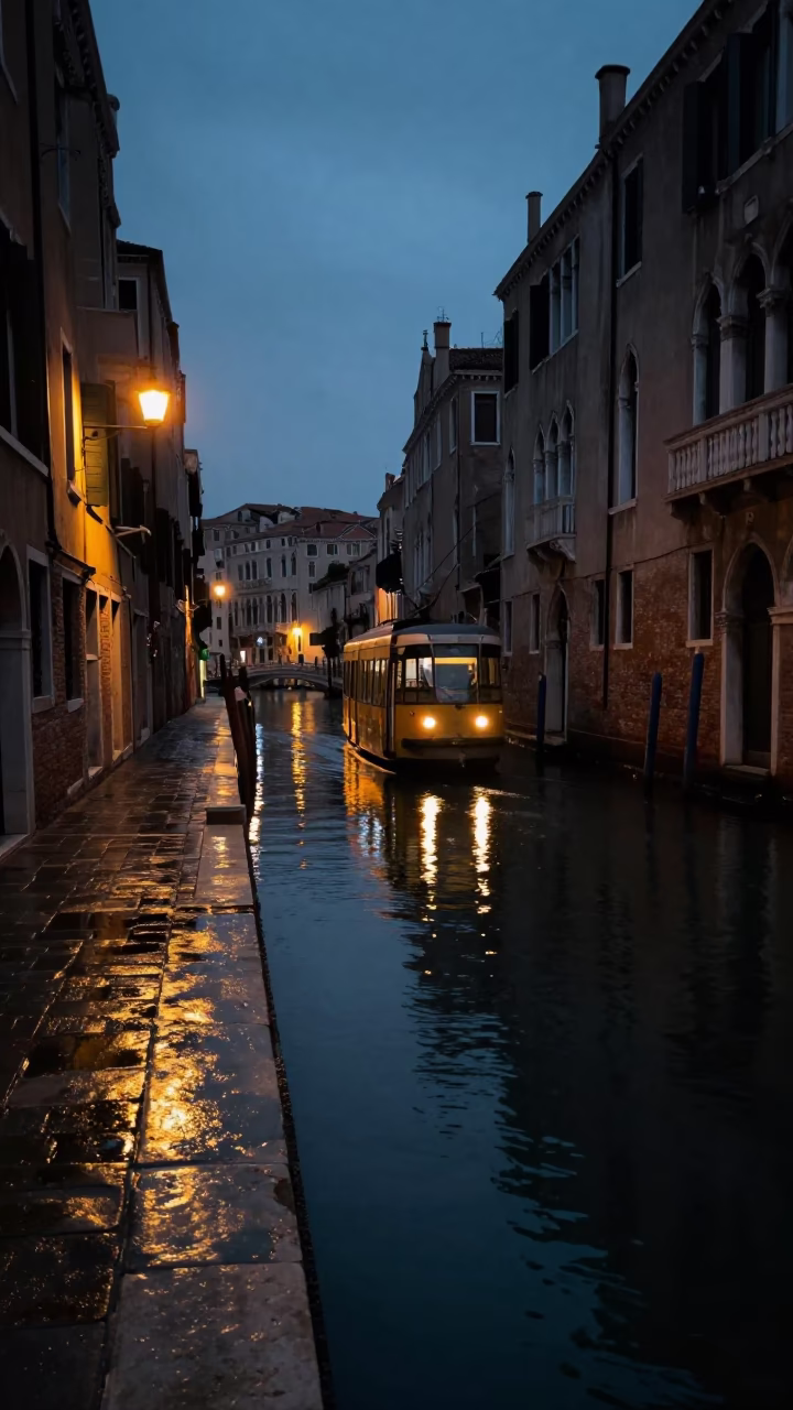 Predawn Venice Canal Reflections of Tramcars and Cobblestones in Early Morning Darkness in in Venice, Italy