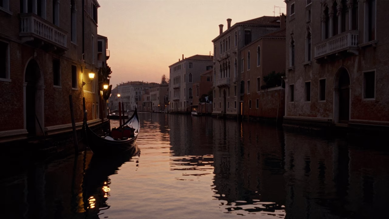 Predawn Venice Canal Reflections with Moored Gondola and Ancient Stone Architecture in in Venice, Italy