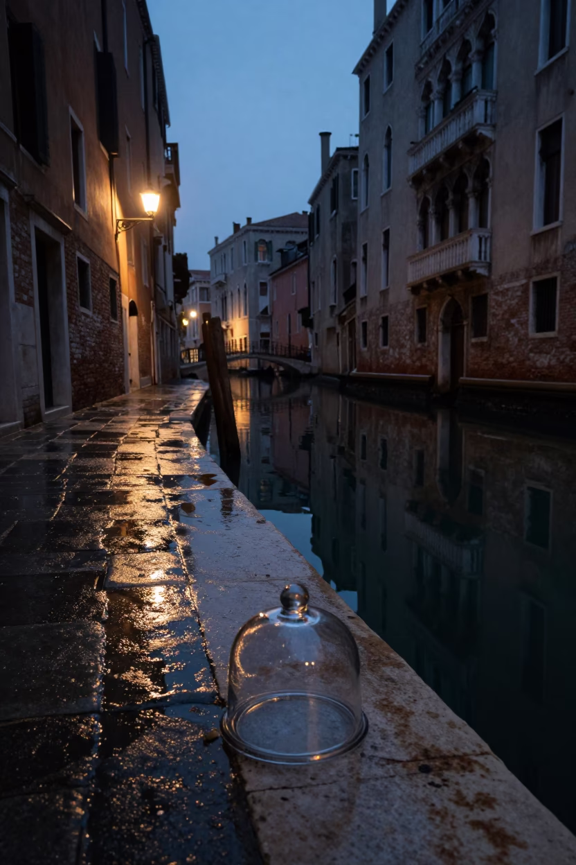 Predawn Venice Canal Reflections with Wet Cobblestone and Glass Cloche in in Venice, Italy