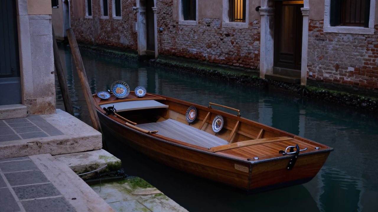Predawn Venice Canal Rowboat with Colorful Majolica Plates and Morning Light in in Venice, Italy
