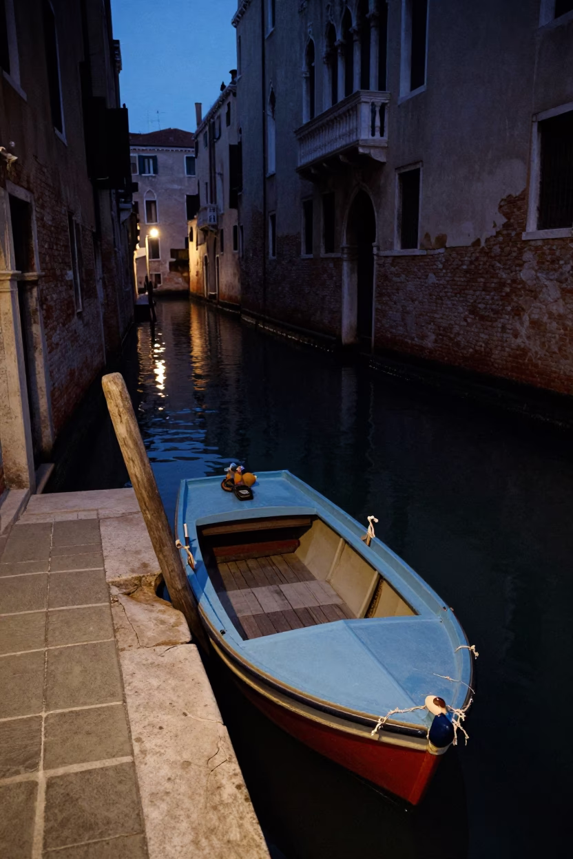 Predawn Venice Canal Scene with Painted Rowboat and Frayed Rope Fibers in in Venice, Italy
