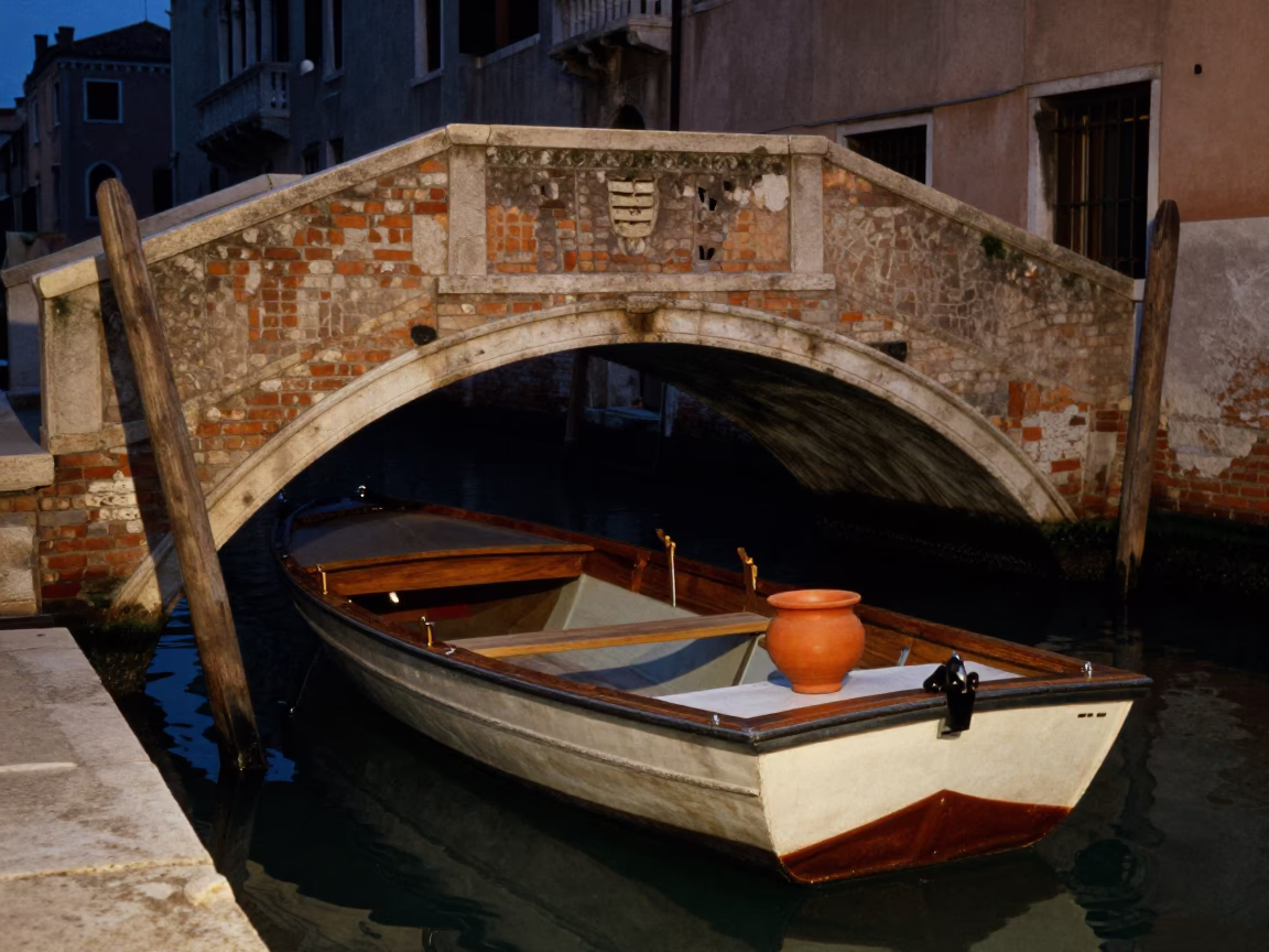 Predawn Venice Canal Scene with Rowboat and Clay Pot in Misty Darkness in in Venice, Italy