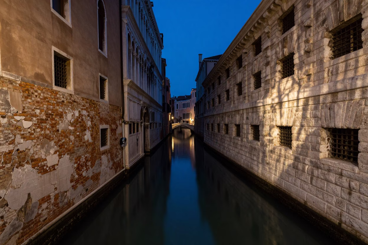 Predawn Venice Canal Scene with Wicker Shadow on Plaster and Bicycle in in Venice, Italy