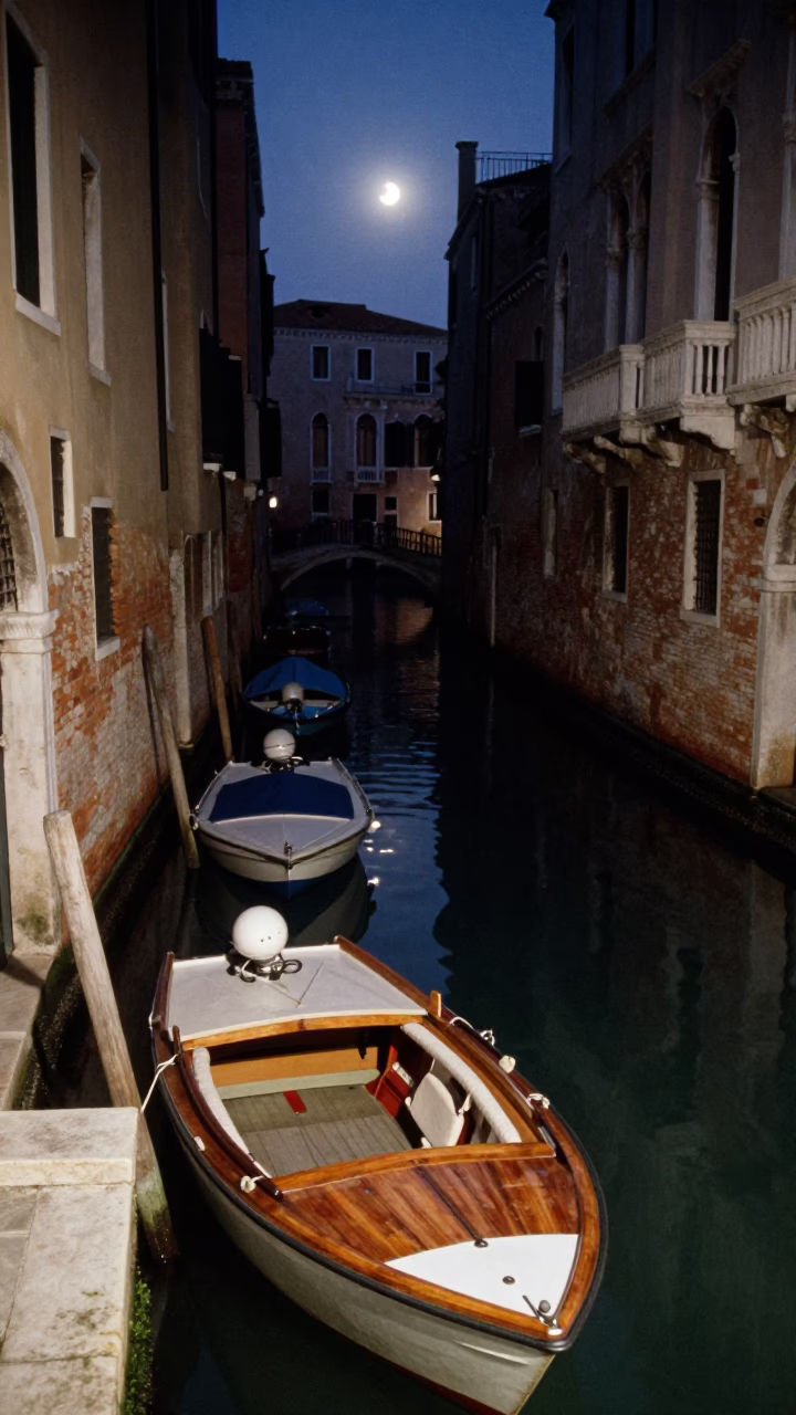Predawn Venice Canal Scene with Wooden Boats and Stone Architecture in in Venice, Italy