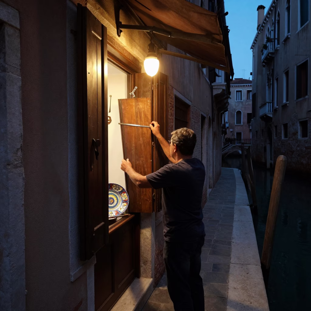 Predawn Venice Canal Side Shopkeeper Opening Shutters with Vintage Majolica Plate and Spice Jar in in Venice, Italy