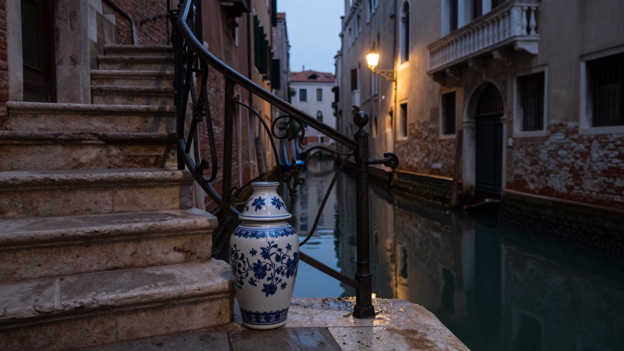 Predawn Venice canal stair rail and porcelain jar in dark water reflection in in Venice, Italy