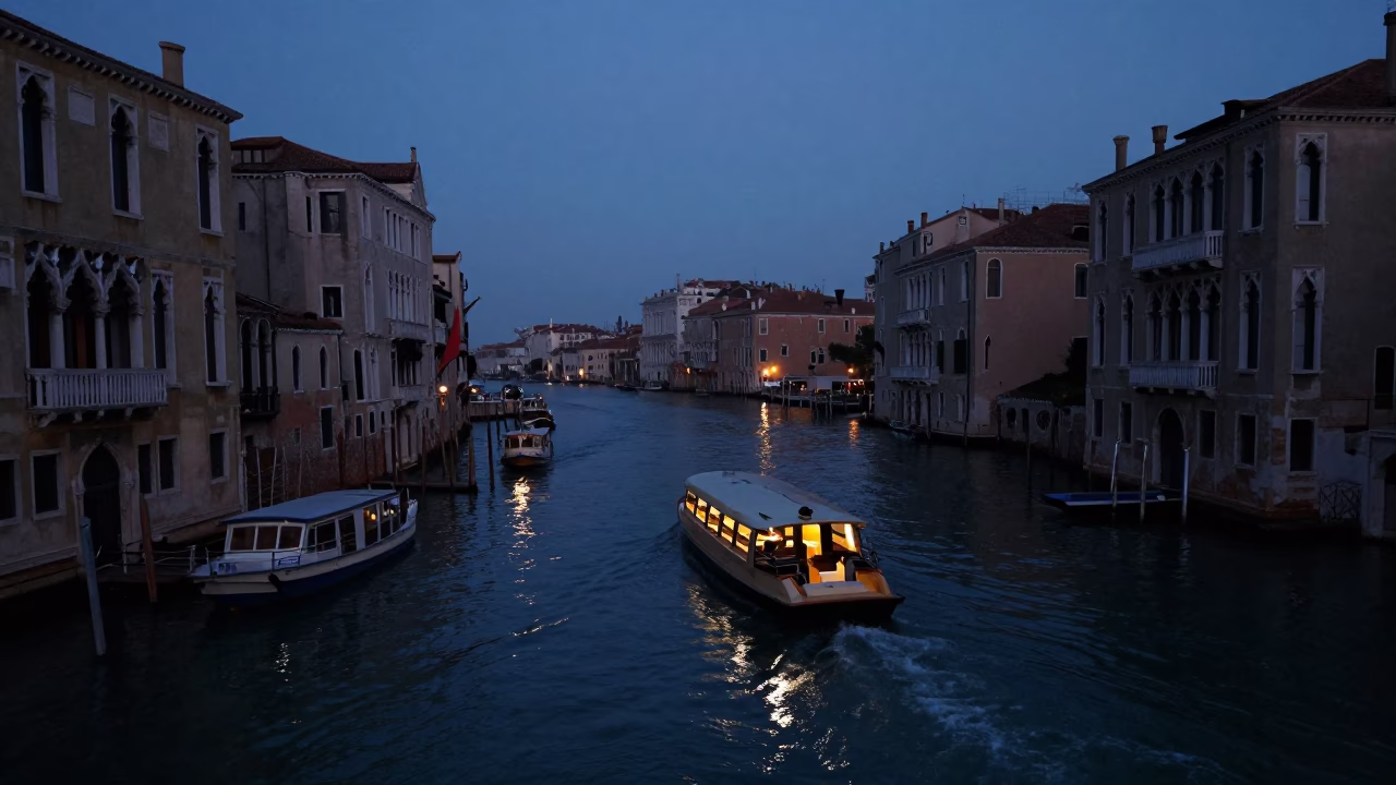 Predawn Venice Canal with Water Taxi and Illuminated Houseboats in Early Morning Darkness in in Venice, Italy