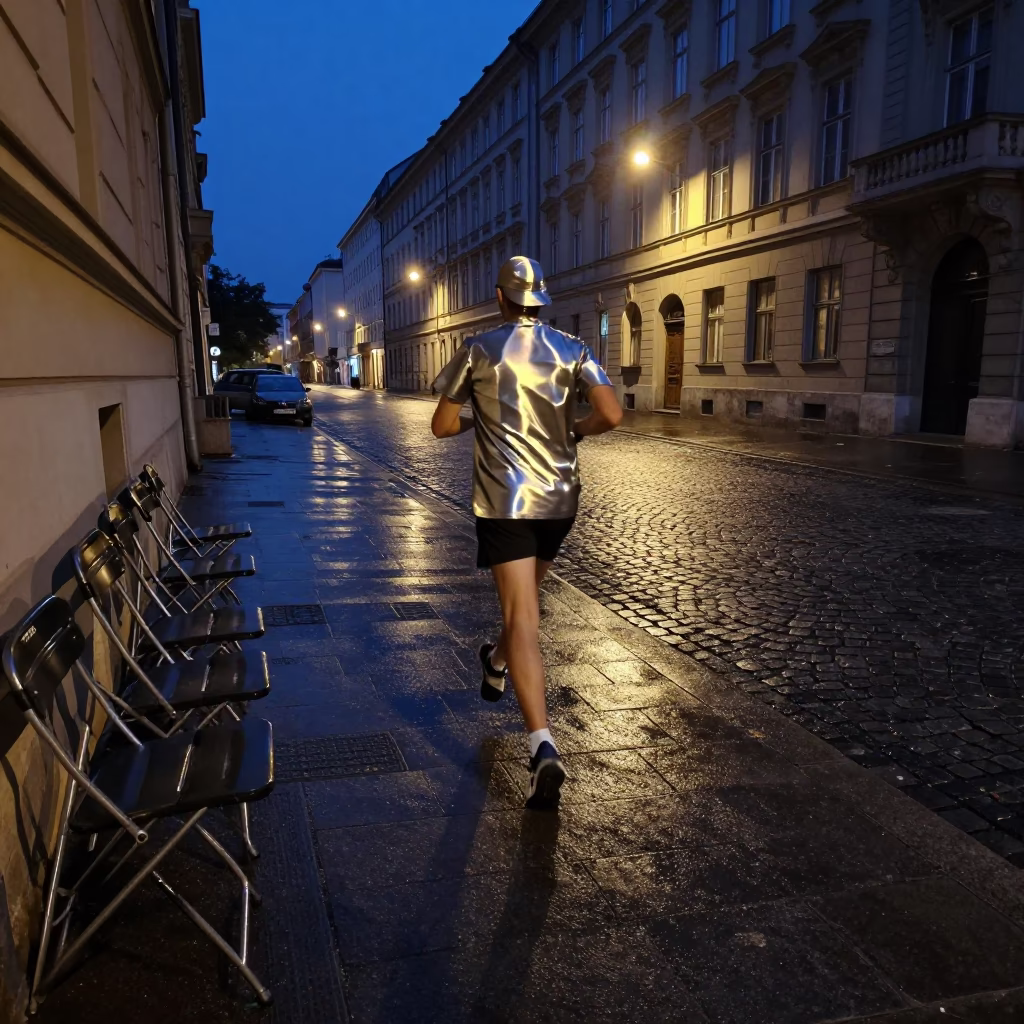Predawn Vienna Street Scene with Brushed Steel Runner and Empty Folding Chairs in in Vienna, Austria