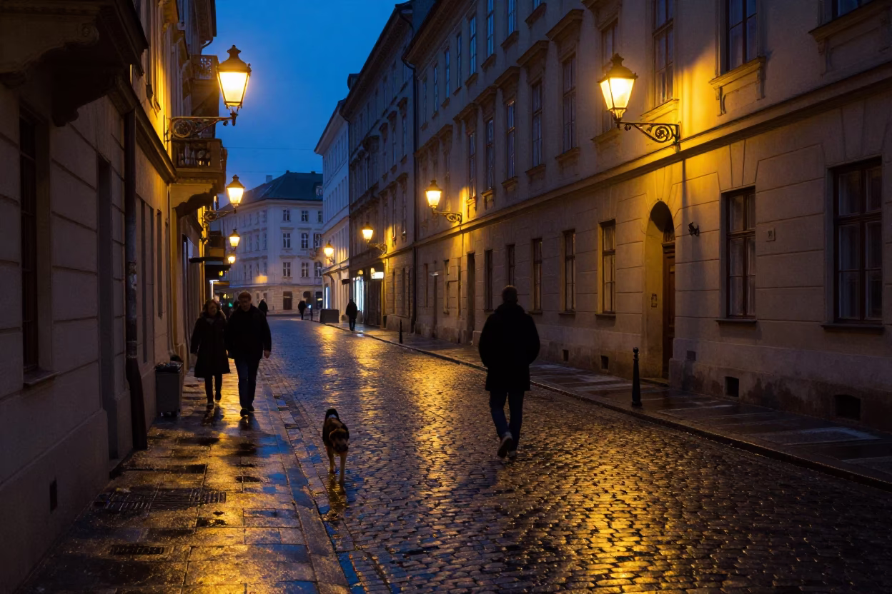 Predawn Vienna Street Scene with Dog Walking on Cobblestones in in Vienna, Austria