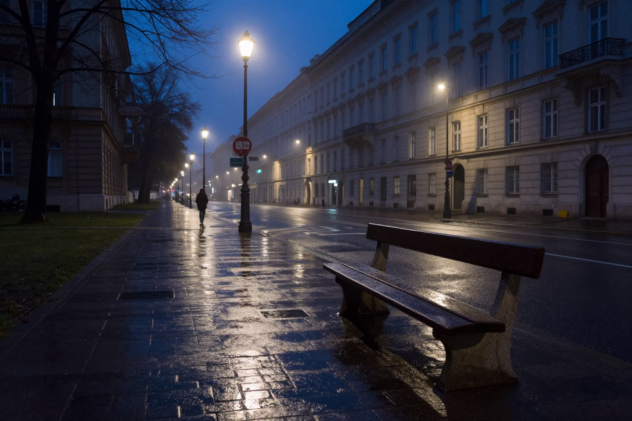Predawn Vienna Street Scene with Park Bench and Condensation on Window Glass in in Vienna, Austria