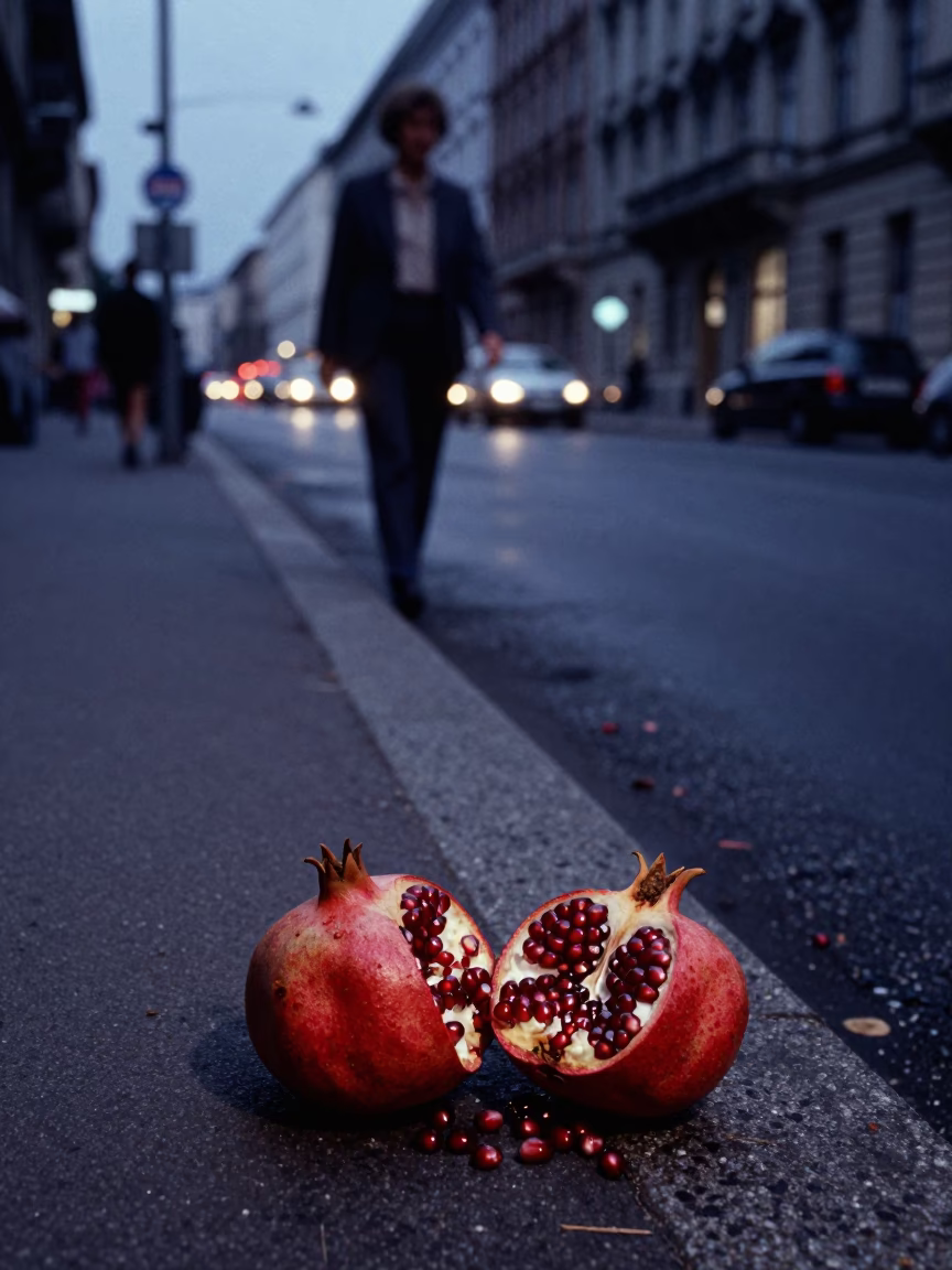 Predawn Vienna Street Scene with Split Pomegranate and Teacher Unrolling Maps in in Vienna, Austria