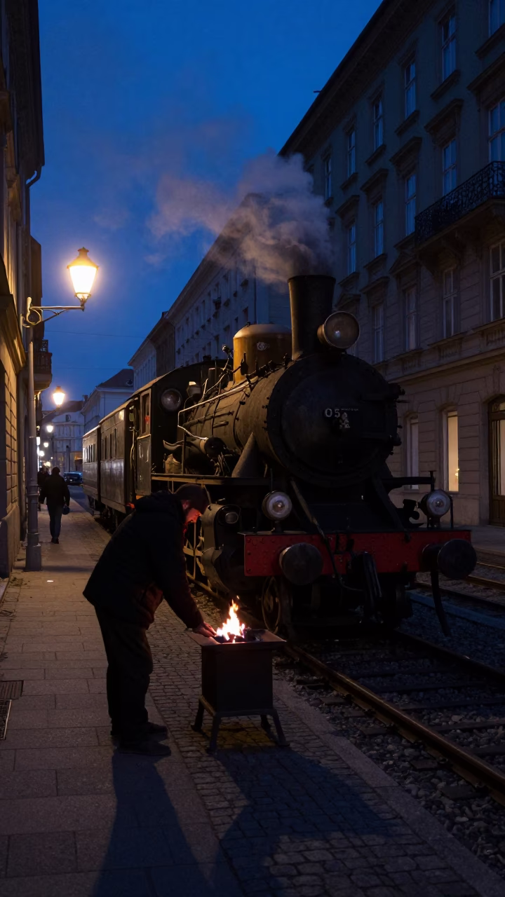 Predawn Vienna Street Scene with Steam Train and Bellows in 1950s Austria in in Vienna, Austria