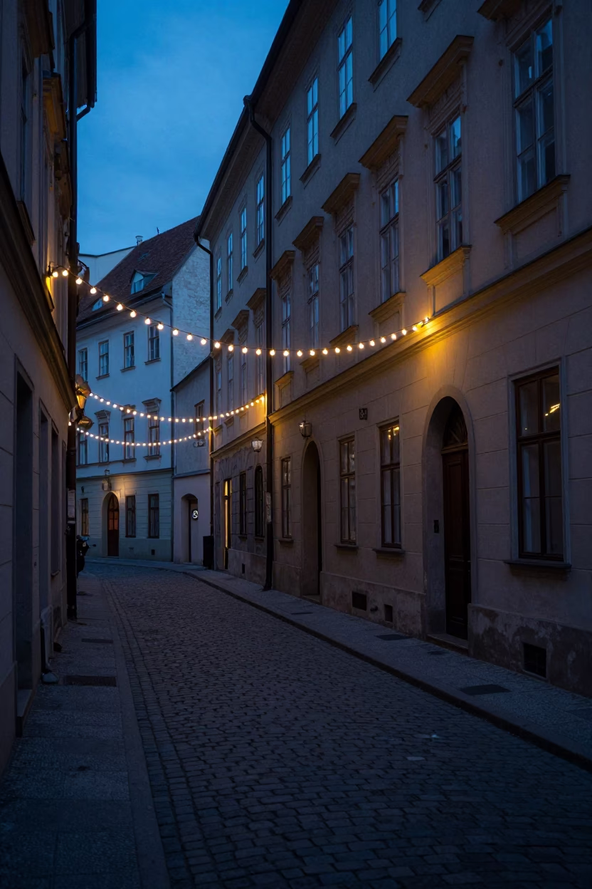 Predawn Vienna Street Scene with String Lights and Cobblestone Alleyway Atmosphere in in Vienna, Austria