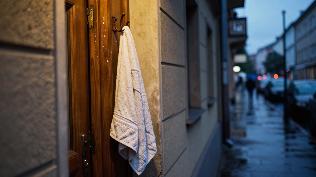 Predawn Vienna Street Scene with Towel Hook and Water Rings on Doorframe in in Vienna, Austria