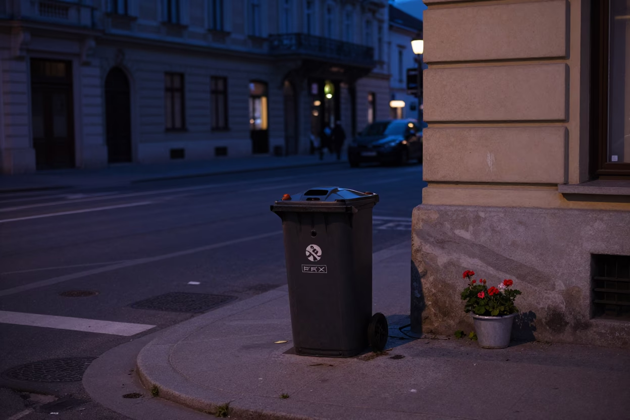 Predawn Vienna Street Scene with Trash Can and Geraniums in in Vienna, Austria