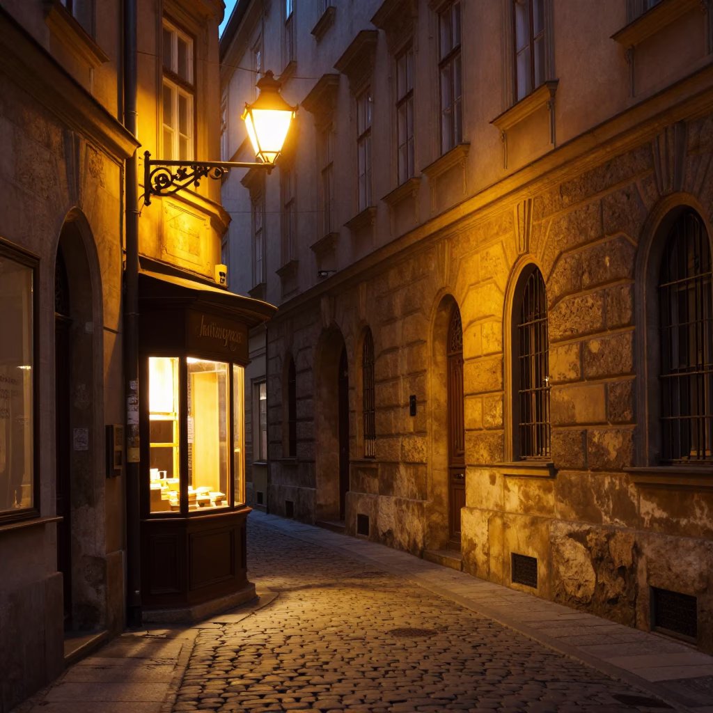 Predawn Vienna Street Scene with Warm Bakery Light and Cinnamon Rolls in in Vienna, Austria