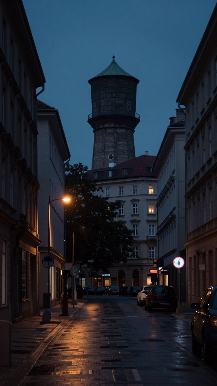Predawn Vienna Street Scene with Water Tower Rooftop and Window Light Reflections in in Vienna, Austria