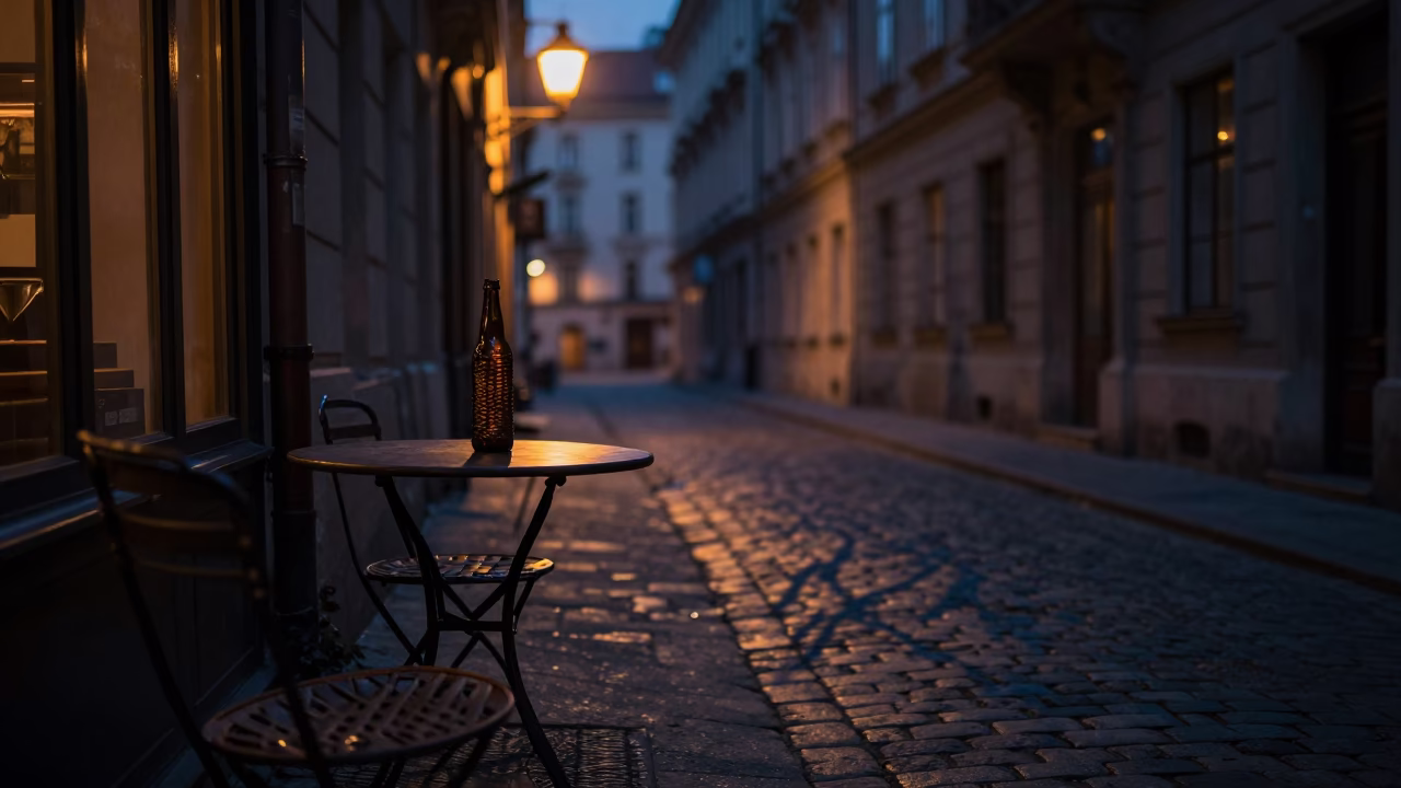 Predawn Vienna street scene with wicker shadow on bottle neck and fountain pen in in Vienna, Austria