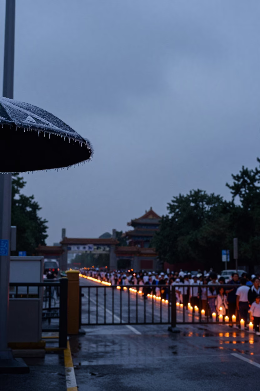 Predawn vigil crossing guard hat rim ice Beijing in at a crosswalk by a school gate near Qianmen, Beijing