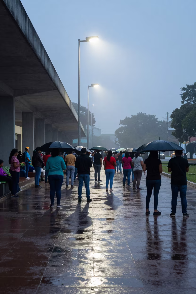 Predawn Vigil Under Floodlights Near Leon in beneath government building floodlights near Leon