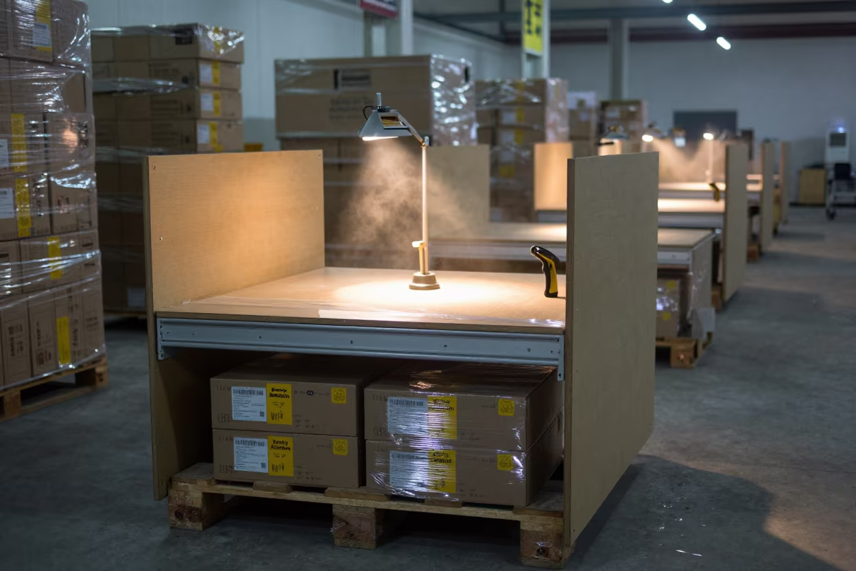 Predawn Warehouse Inspection with Dust Shafts in at a fulfillment packing station in Saharanpur