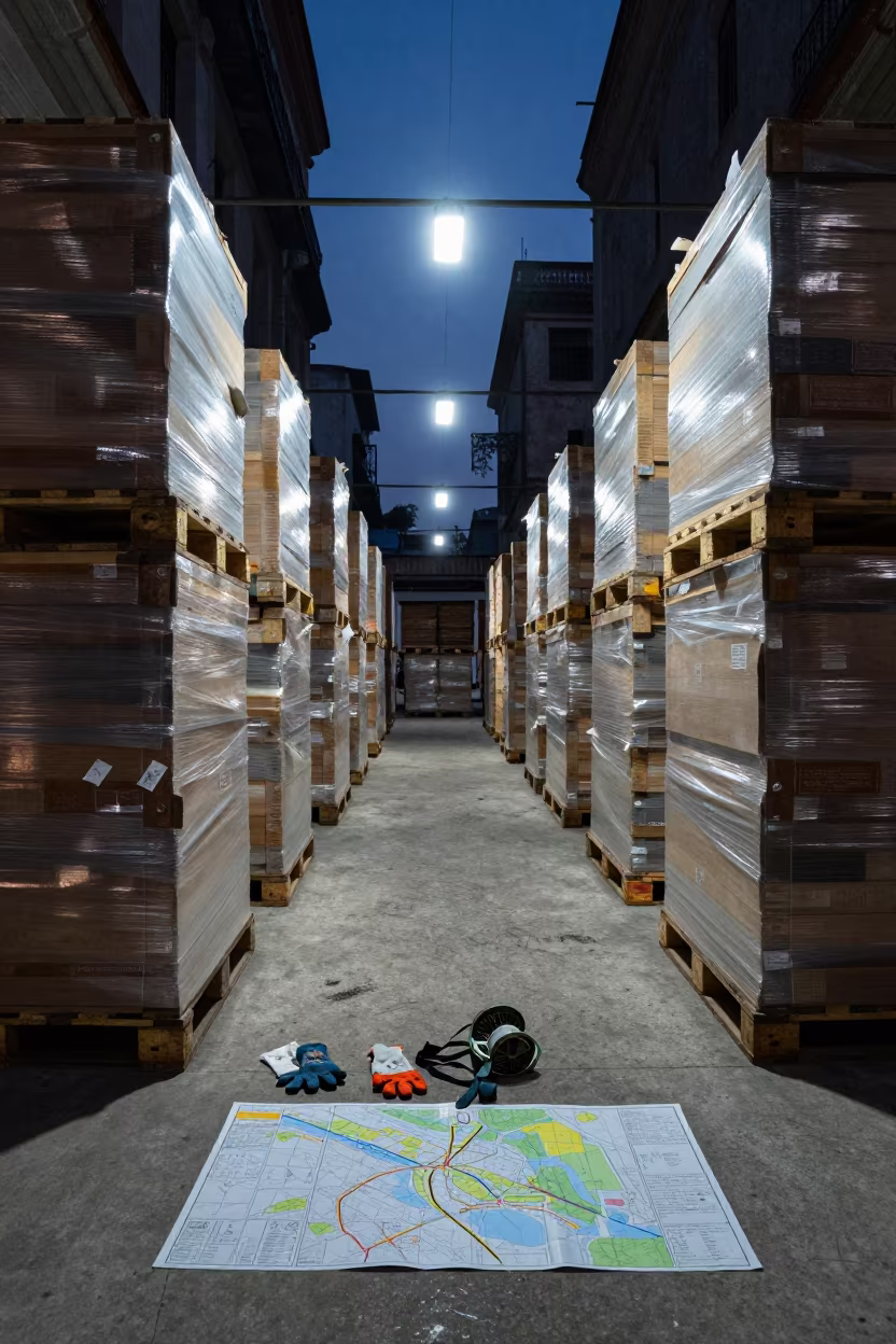 Predawn Warehouse Logistics Stack in Havana in inside a warehouse aisle near Vedado, Havana
