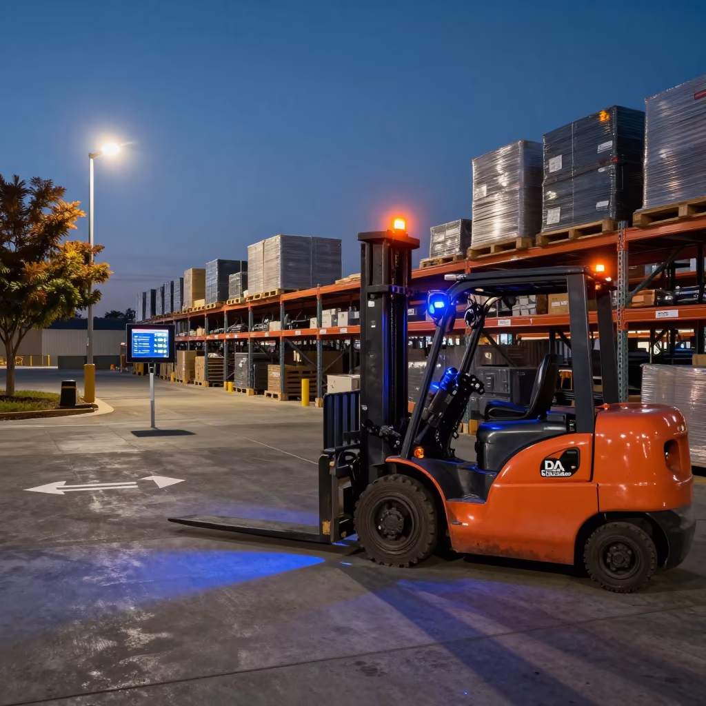 Predawn Warehouse Mezzanine With Amber Beacons in inside a warehouse aisle near Dallas
