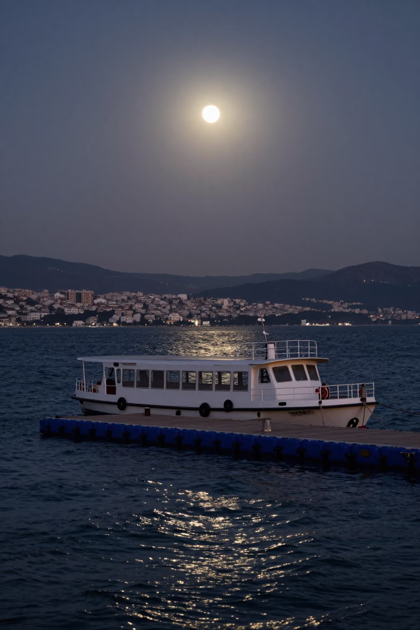 Predawn Water Taxi at Izmir Floating Dock with Moonlit Aegean Sea and Sailboat in in Izmir, Turkey